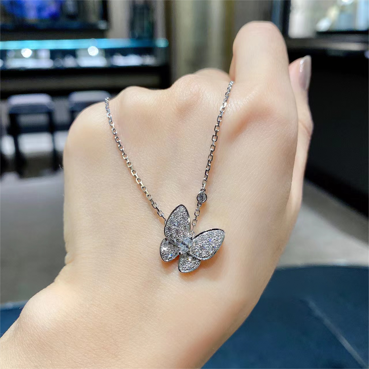 Two Butterfly pendant Necklace with Full Diamonds