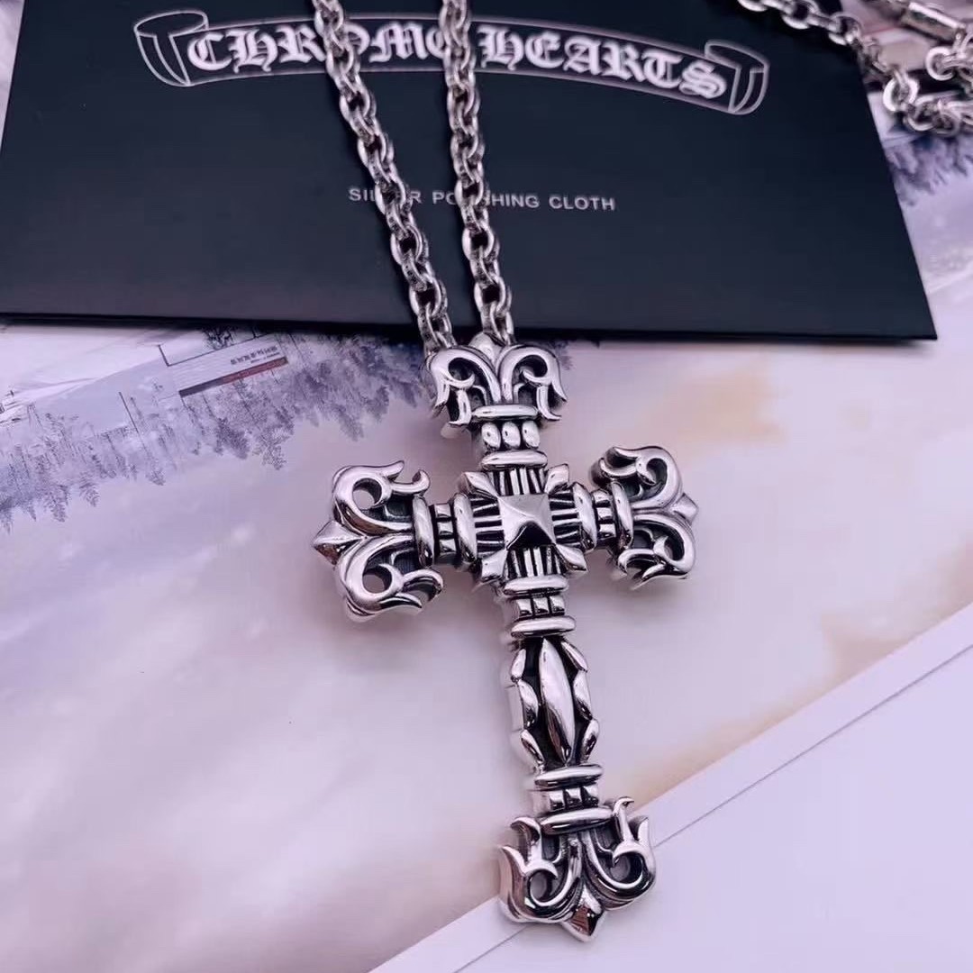 Large Flame Cross Pendant Necklace