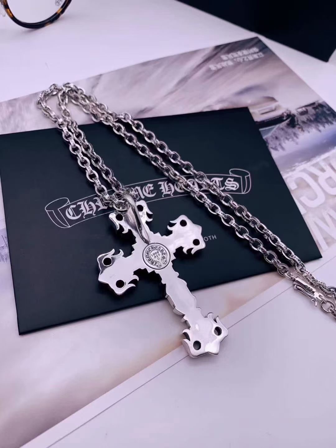 Large Flame Cross Pendant Necklace