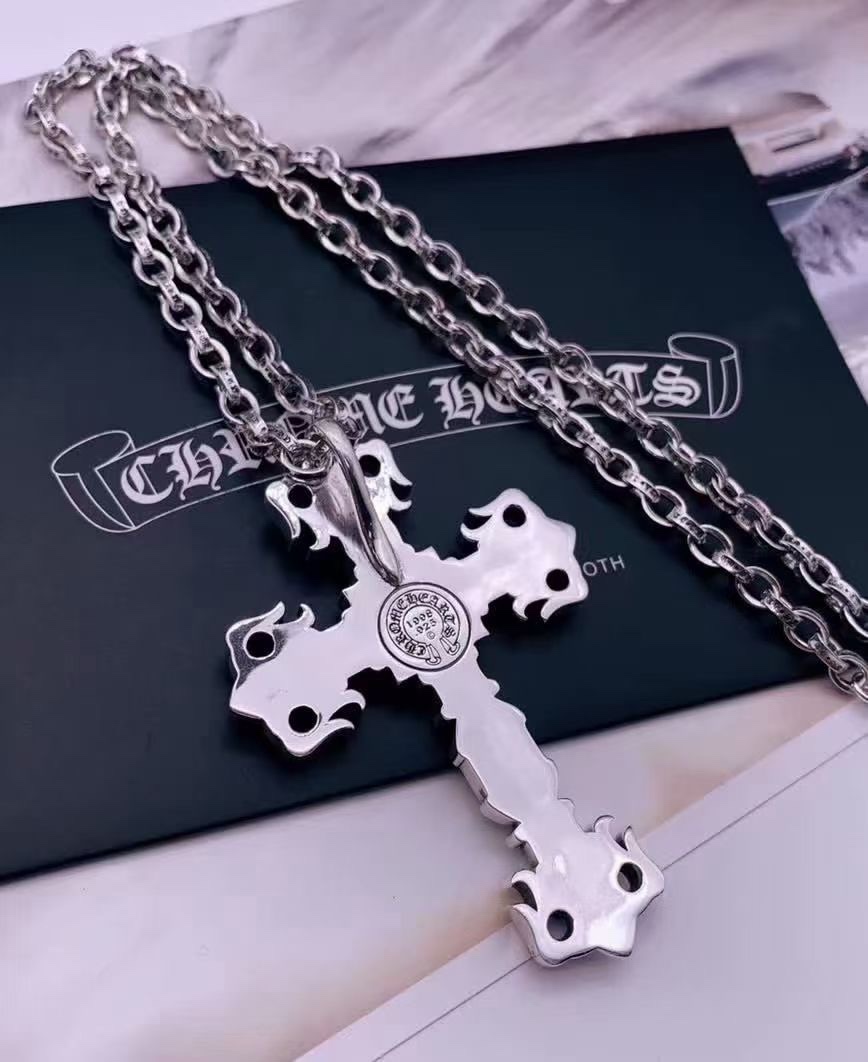 Large Flame Cross Pendant Necklace