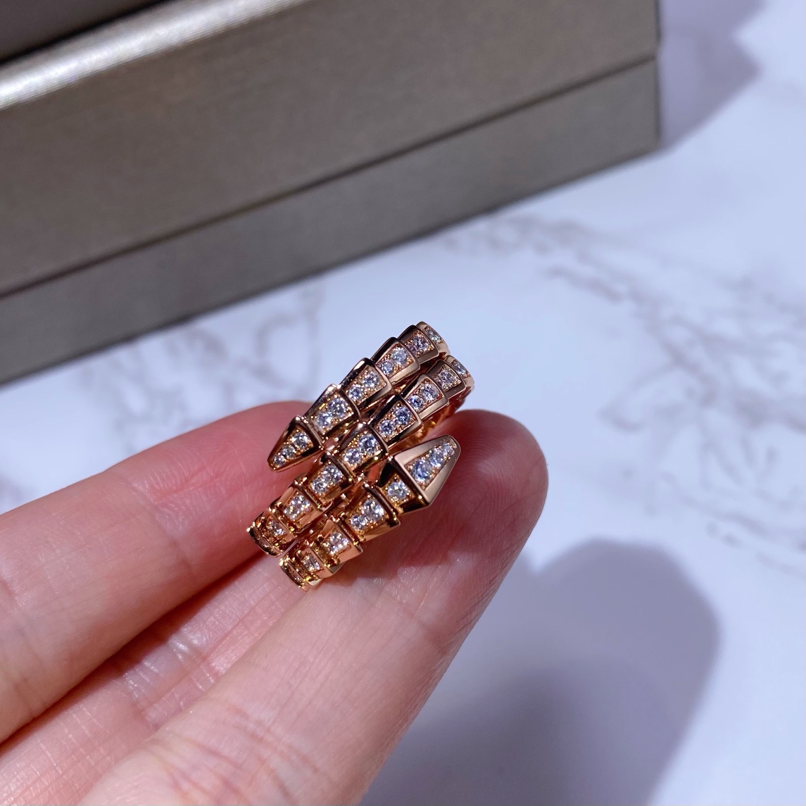Serpenti Three Rows Snake Shape Ring with Full Diamonds