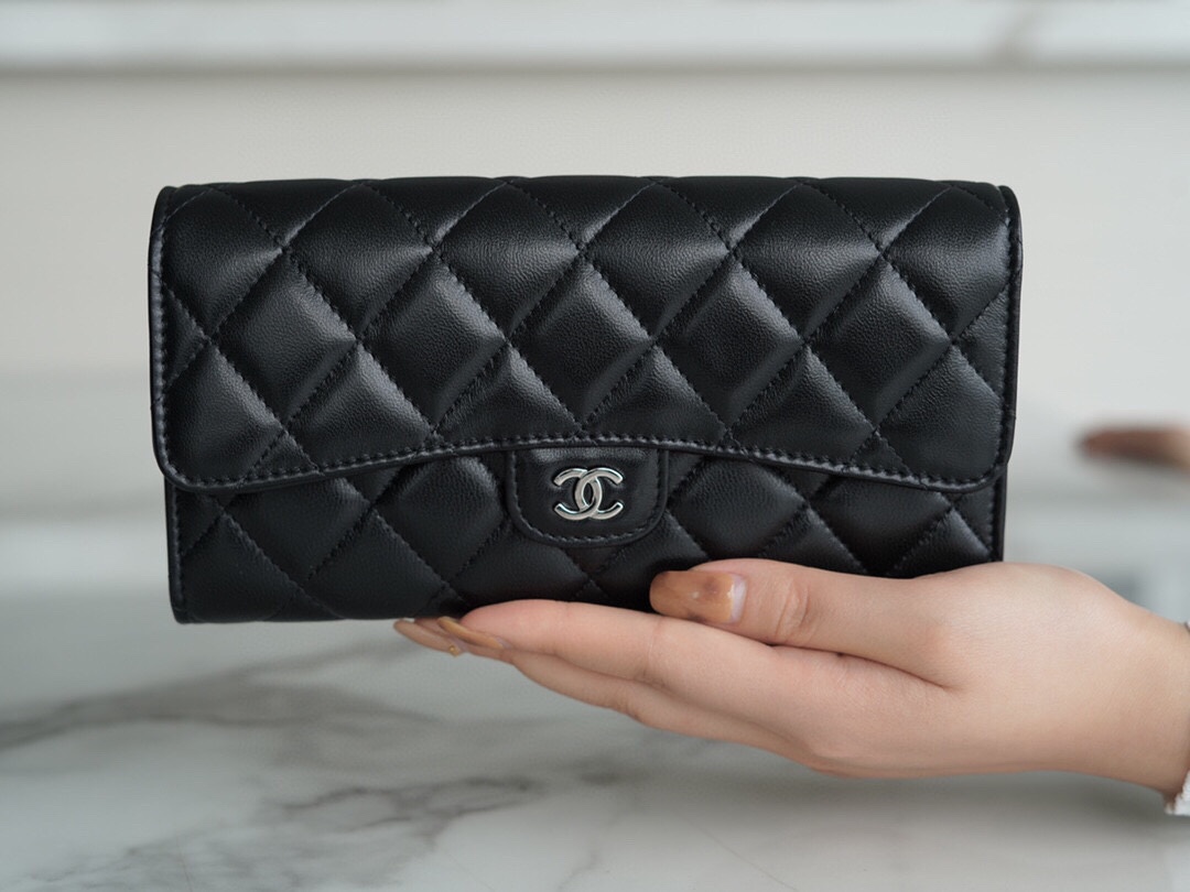 Chanel classic bifold long clip black sheep silver Imported channel custom lambskin