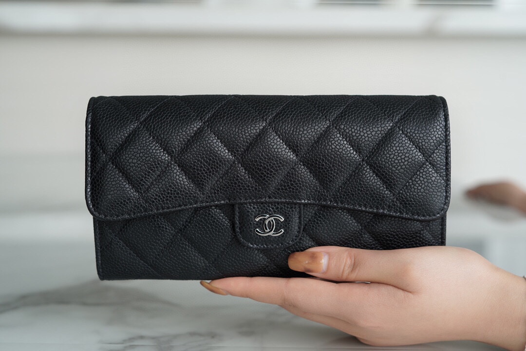 Chanel classic bifold long clip black cow silver Imported channels custom calfskin