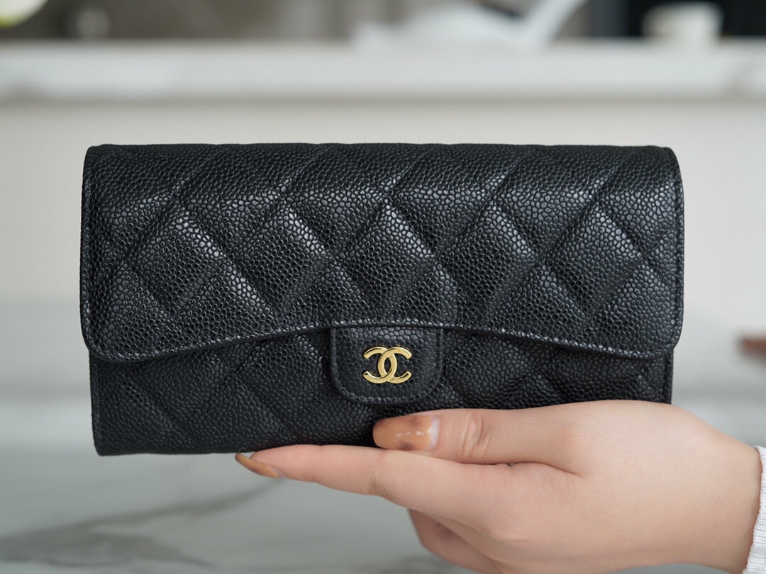 Chanel classic bifold long clip black cow gold Imported channels custom calfskin
