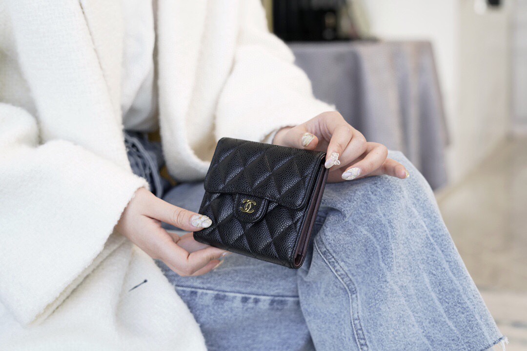 Chanel classic trifold short clip black cow gold import channel custom calfskin