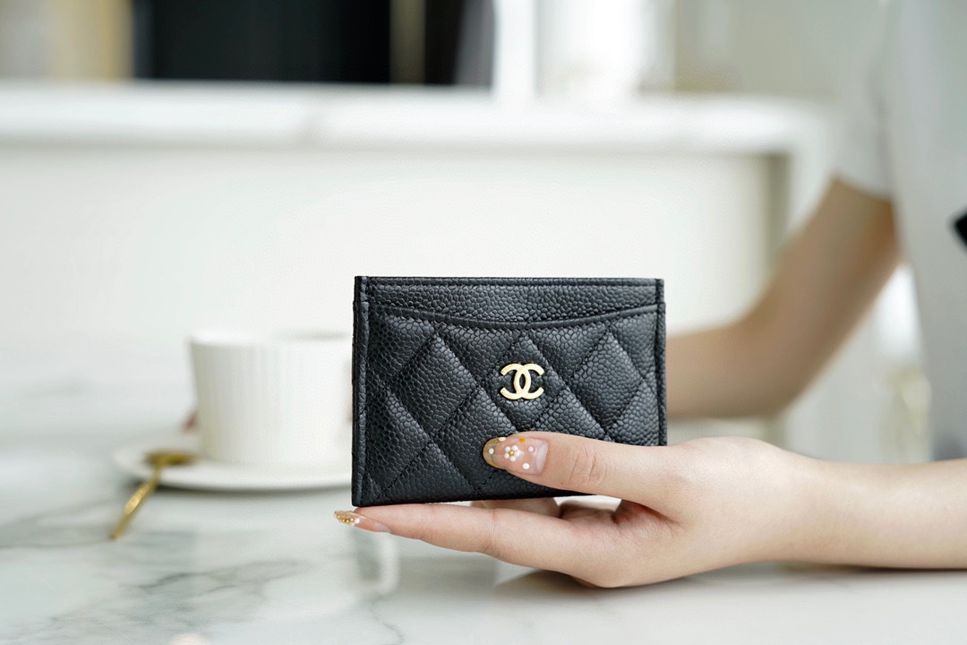 Chanel classic card holder black cow gold using caviar grain embossed calfskin
