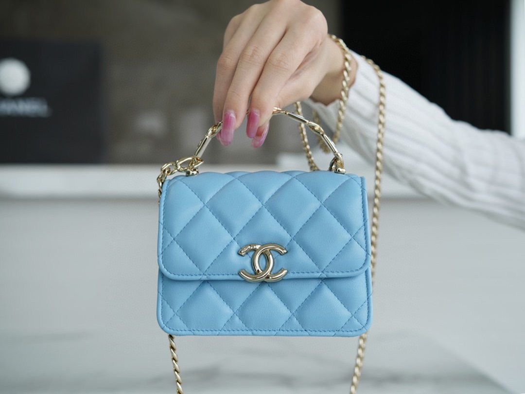 Chanel enamel handle chain bag blue Italy GR original lambskin