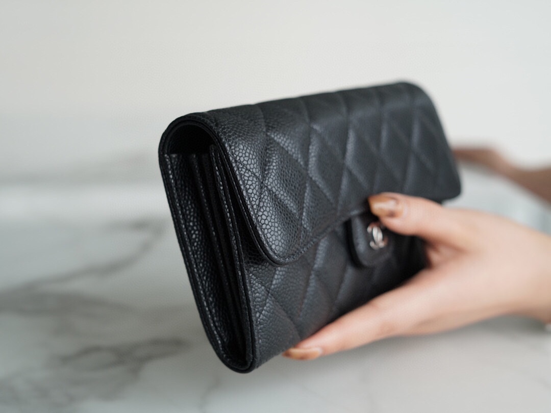 Chanel classic bifold long clip black cow silver Imported channels custom calfskin