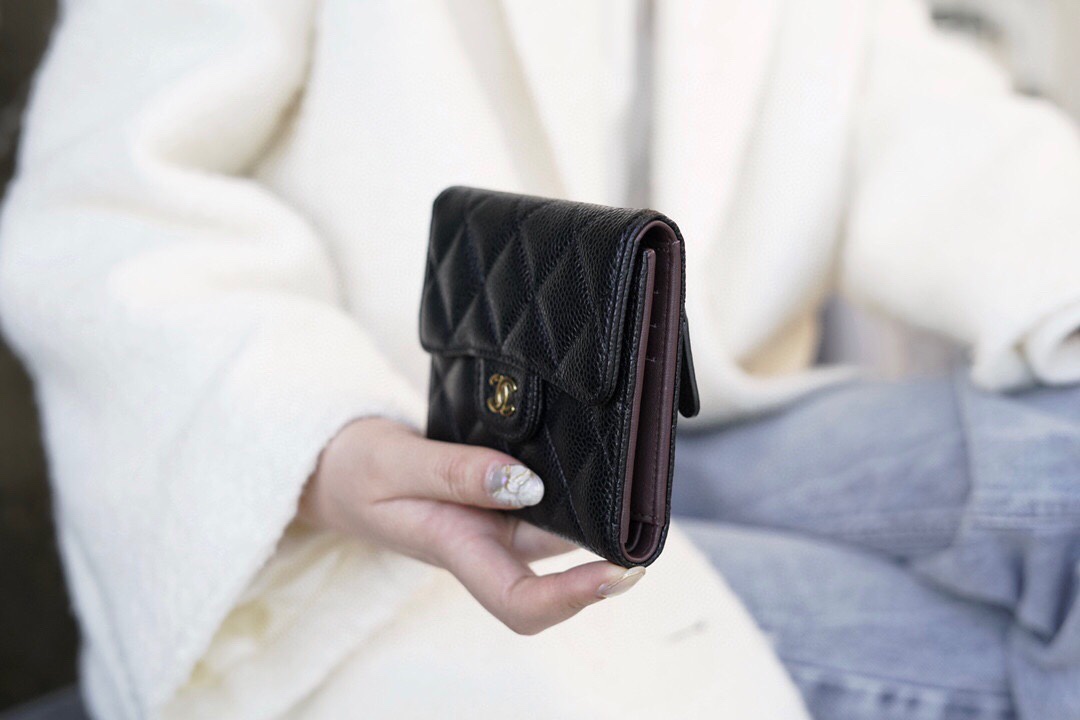 Chanel classic trifold short clip black cow gold import channel custom calfskin