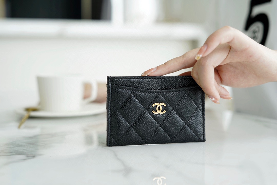 Chanel classic card holder black cow gold using caviar grain embossed calfskin
