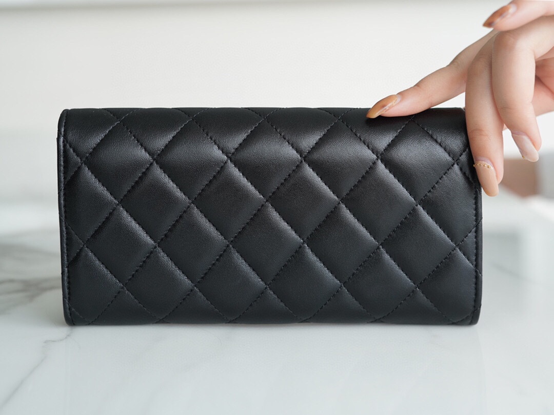 Chanel classic bifold long clip black sheep gold Imported channel custom lambskin