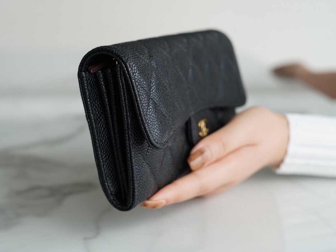 Chanel classic bifold long clip black cow gold Imported channels custom calfskin