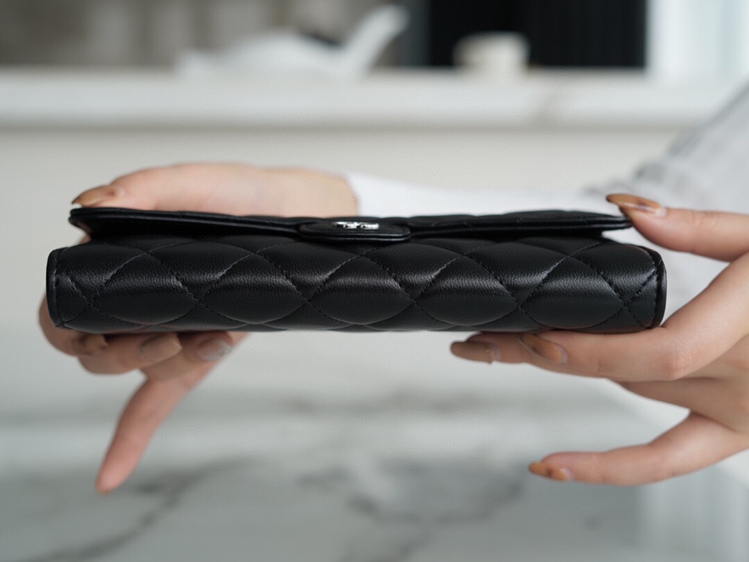 Chanel classic bifold long clip black sheep silver Imported channel custom lambskin