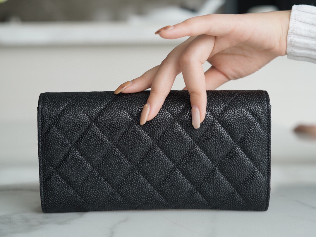 Chanel classic bifold long clip black cow gold Imported channels custom calfskin