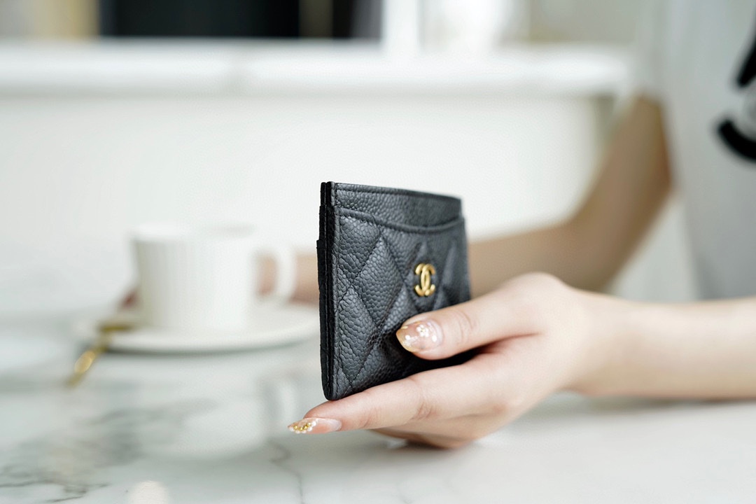 Chanel classic card holder black cow gold using caviar grain embossed calfskin