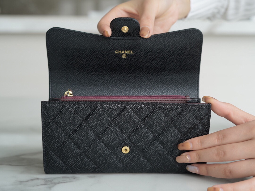 Chanel classic bifold long clip black cow gold Imported channels custom calfskin