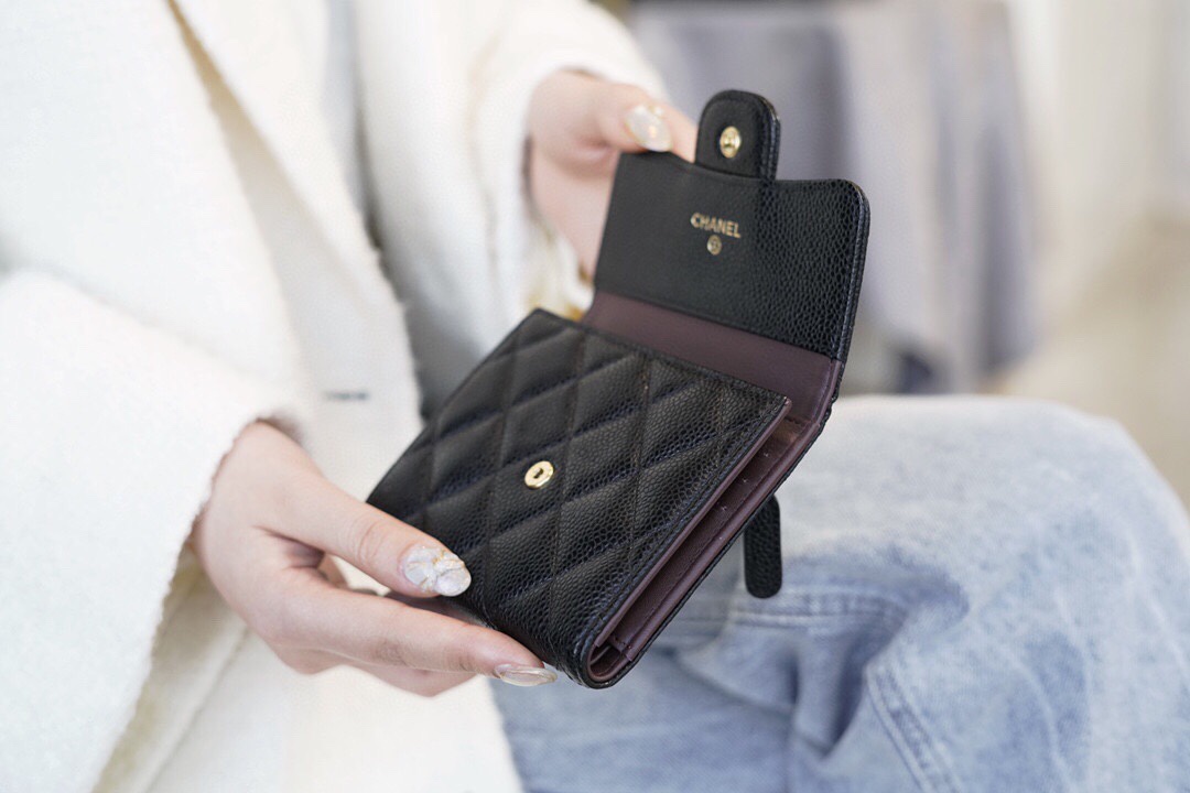 Chanel classic trifold short clip black cow gold import channel custom calfskin