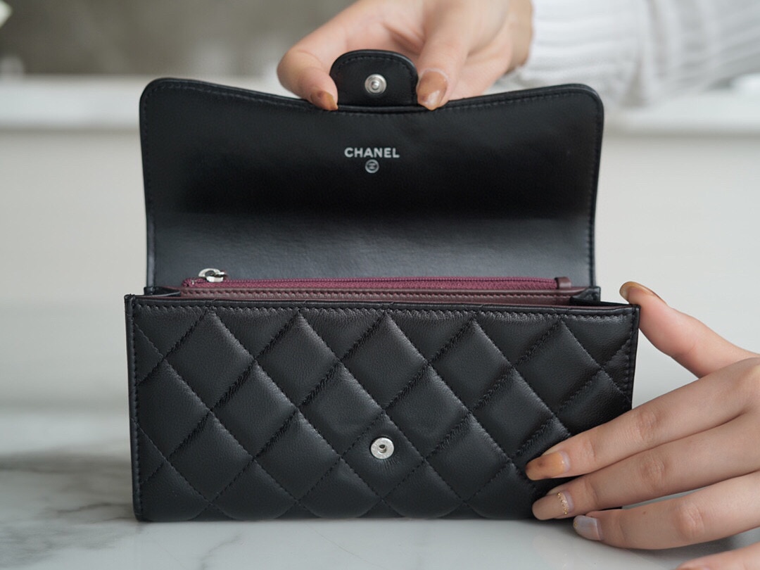 Chanel classic bifold long clip black sheep silver Imported channel custom lambskin