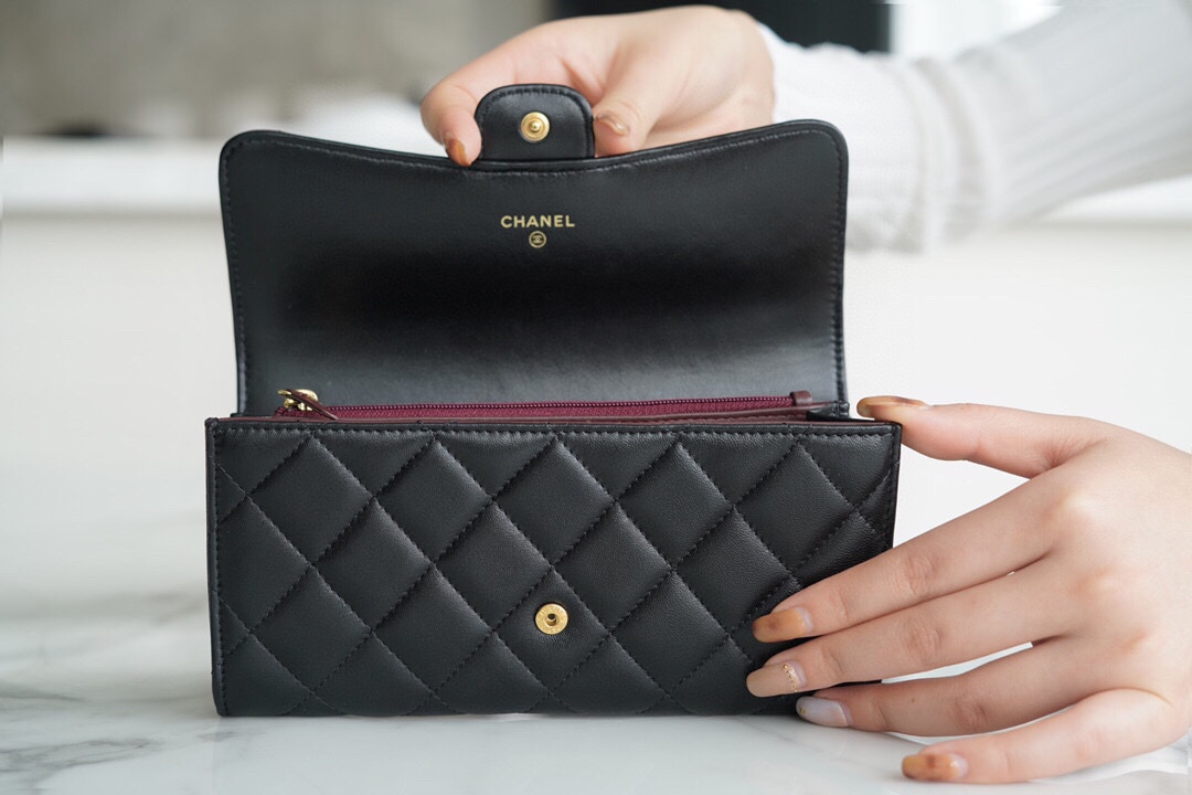 Chanel classic bifold long clip black sheep gold Imported channel custom lambskin