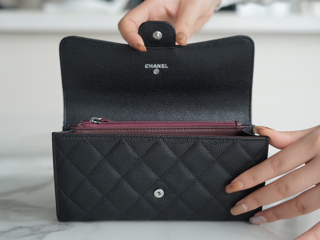 Chanel classic bifold long clip black cow silver Imported channels custom calfskin