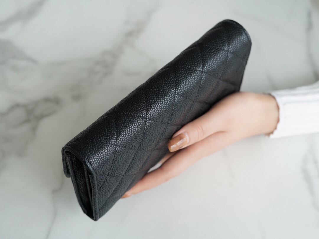 Chanel classic bifold long clip black cow gold Imported channels custom calfskin