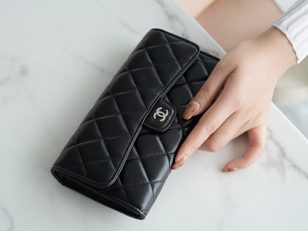Chanel classic bifold long clip black sheep silver Imported channel custom lambskin