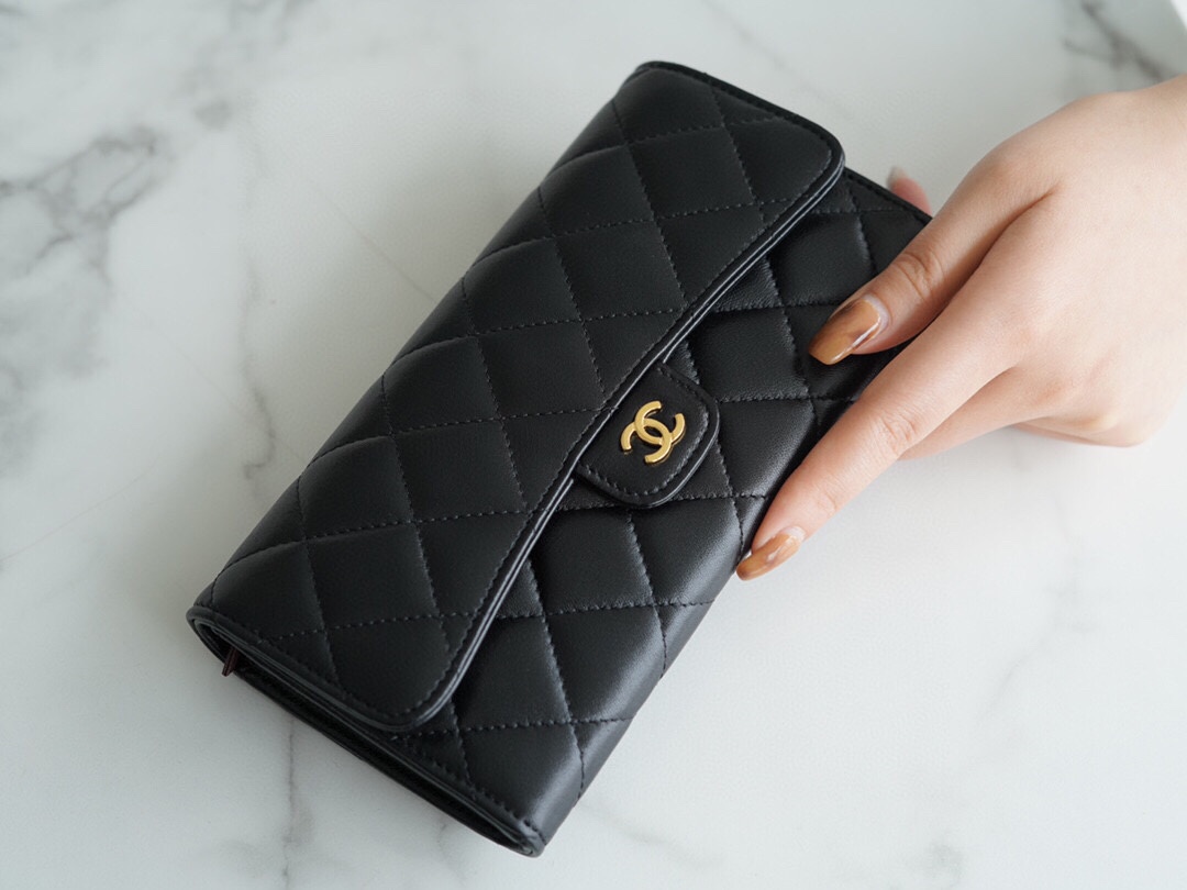 Chanel classic bifold long clip black sheep gold Imported channel custom lambskin