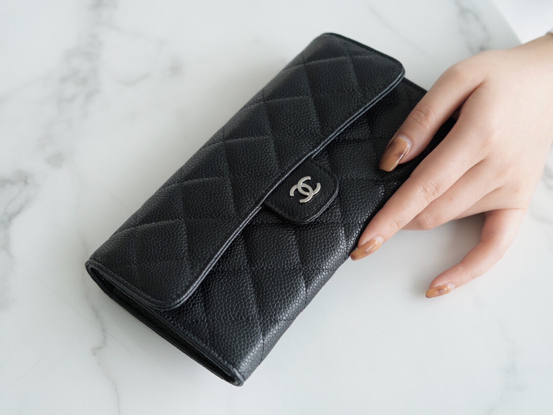 Chanel classic bifold long clip black cow silver Imported channels custom calfskin