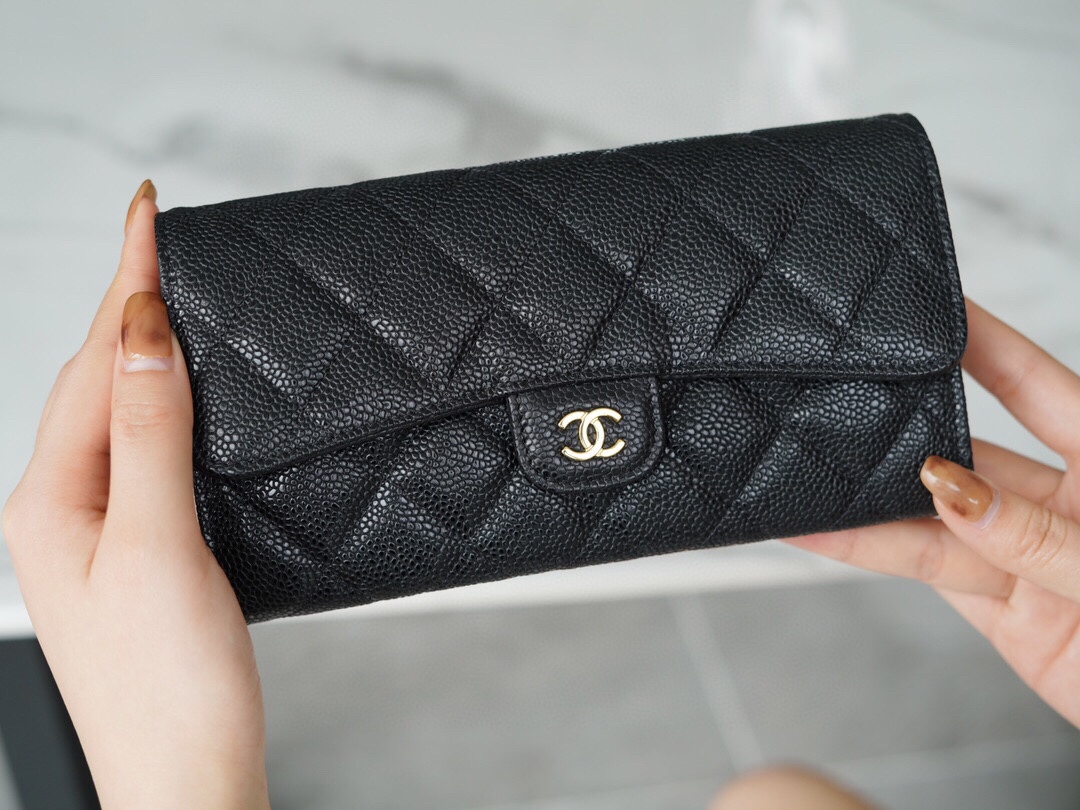 Chanel classic bifold long clip black cow gold Imported channels custom calfskin