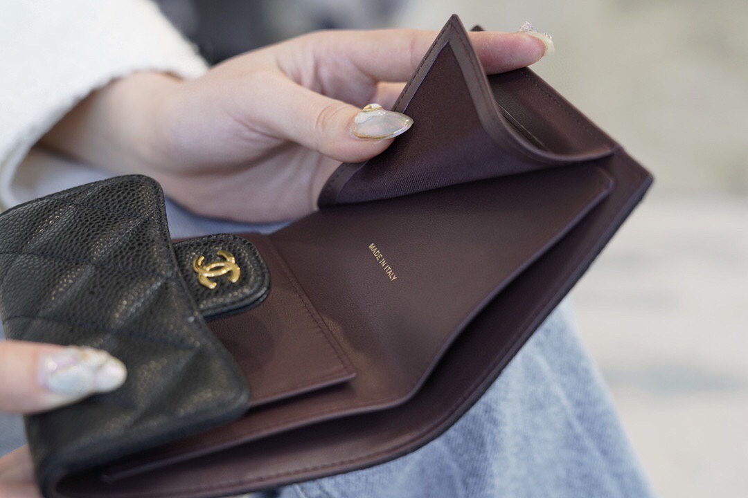Chanel classic trifold short clip black cow gold import channel custom calfskin