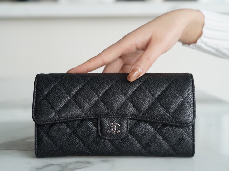 Chanel classic bifold long clip black cow silver Imported channels custom calfskin