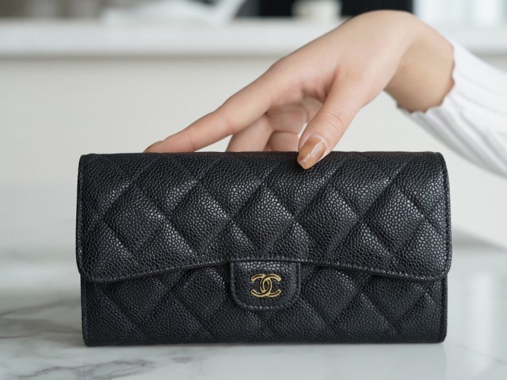 Chanel classic bifold long clip black cow gold Imported channels custom calfskin