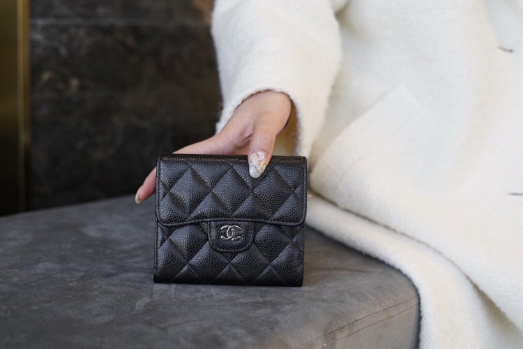 Chanel classic trifold short clip black cow silver import channel custom calfskin