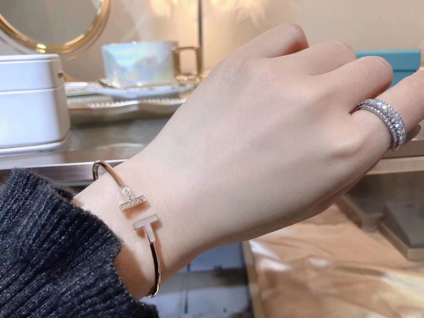 T Bracelet with Mother of Pearl and Diamonds