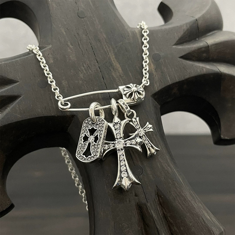 Full Diamond Cross Necklace Three-element Pendant Necklace