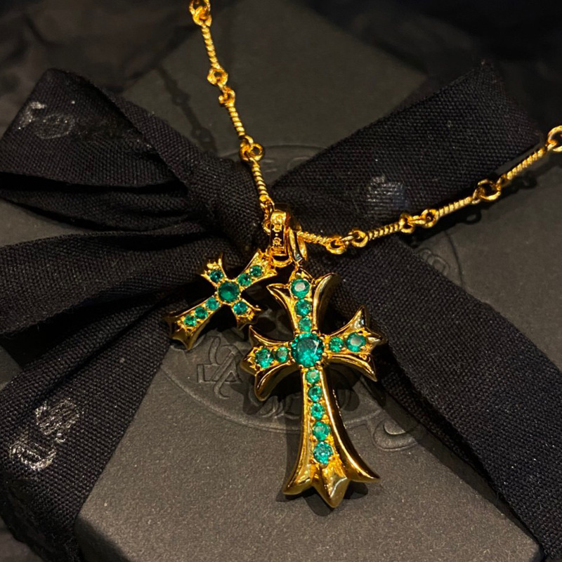 22k Double Cross Green Diamond Necklace