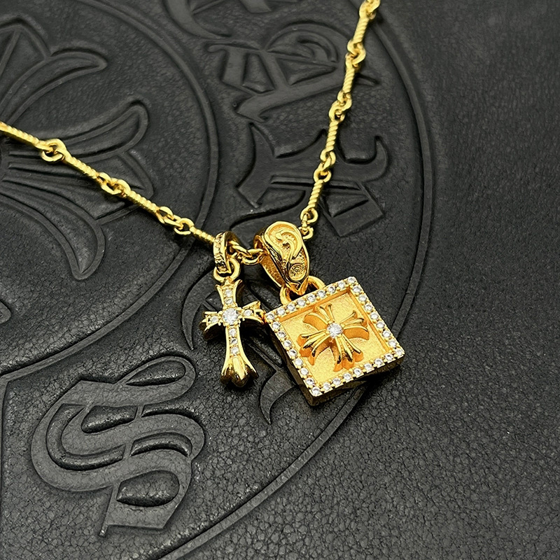 22K Gold Full Diamond square Cross Flower Necklace