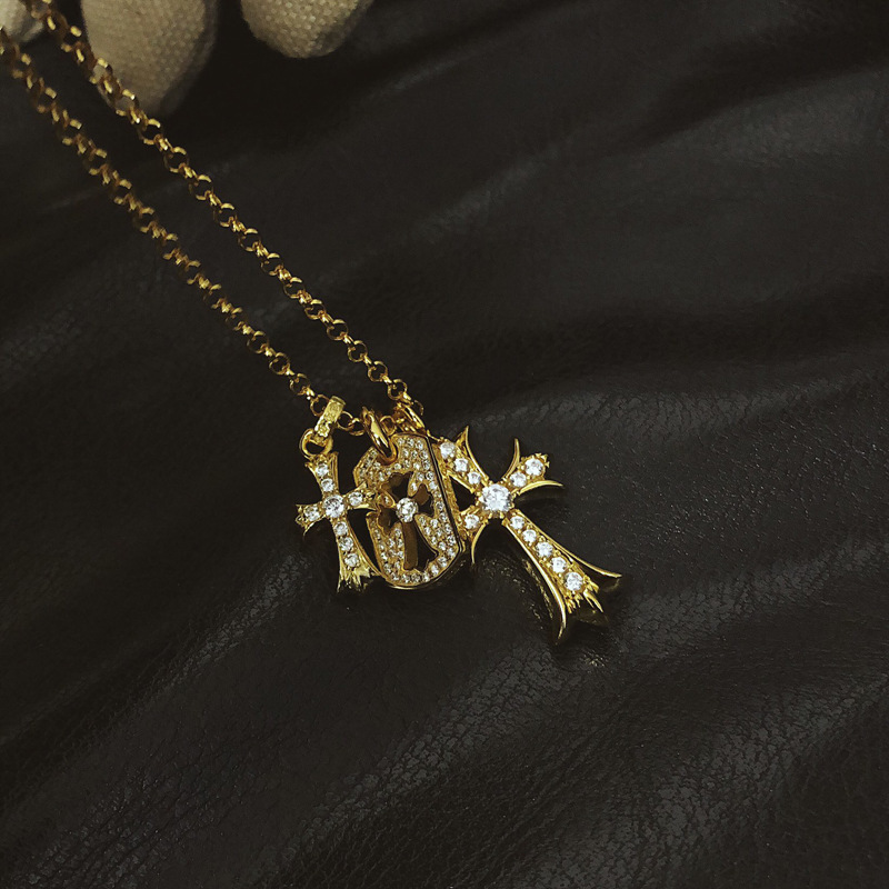 22K Gold Full Diamond Cross Necklace Three-element Pendant Necklace