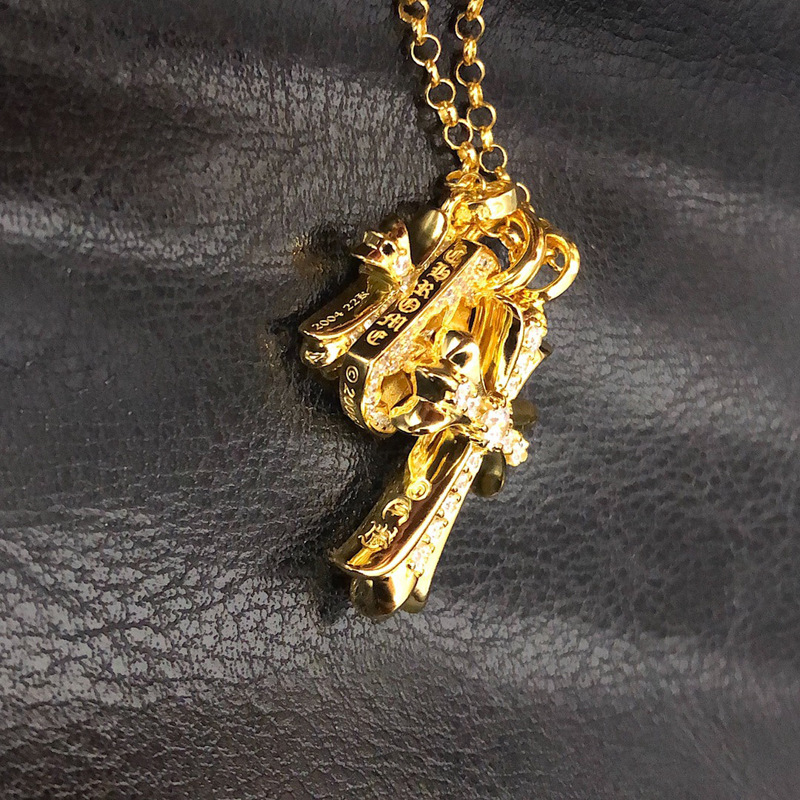 22K Gold Full Diamond Cross Necklace Three-element Pendant Necklace