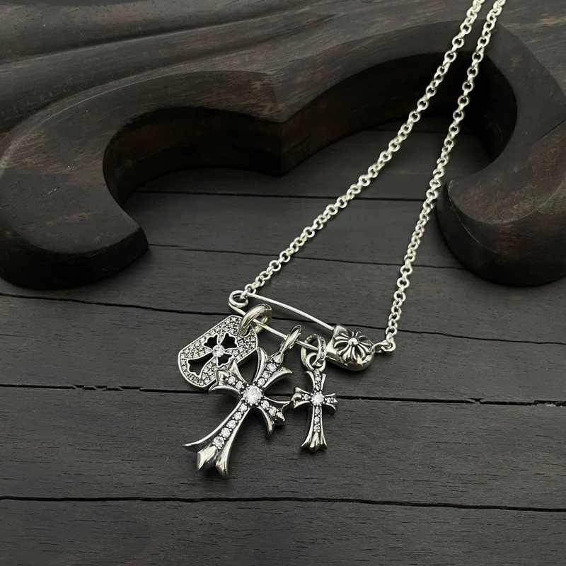 Full Diamond Cross Necklace Three-element Pendant Necklace