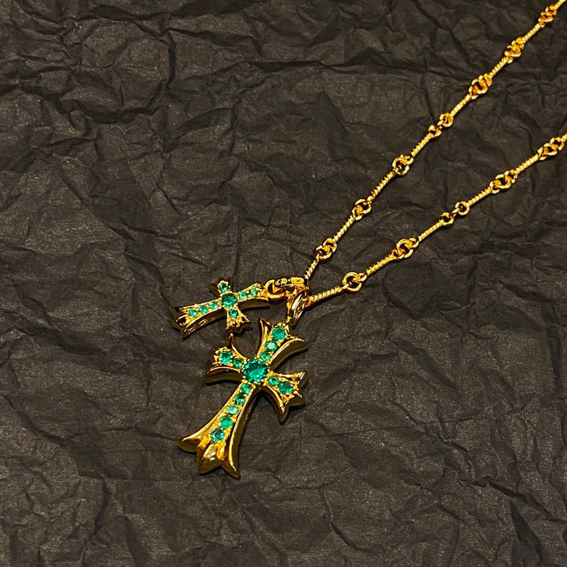 22k Double Cross Green Diamond Necklace