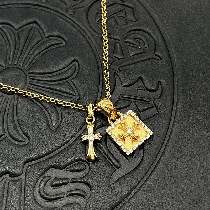 22K Gold Full Diamond square Cross Flower Necklace