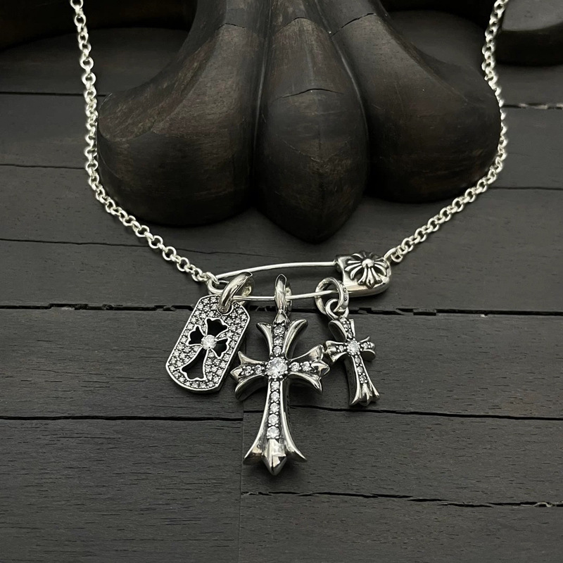 Full Diamond Cross Necklace Three-element Pendant Necklace