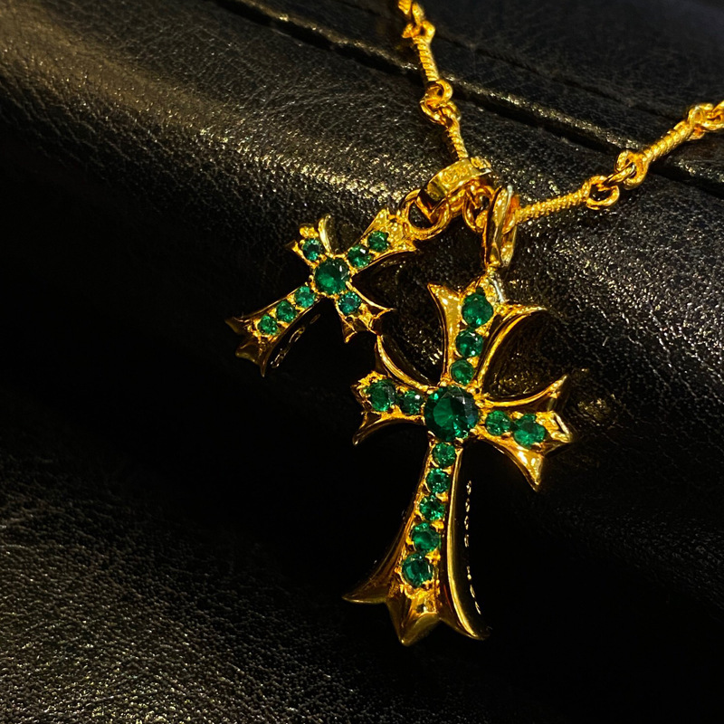 22k Double Cross Green Diamond Necklace